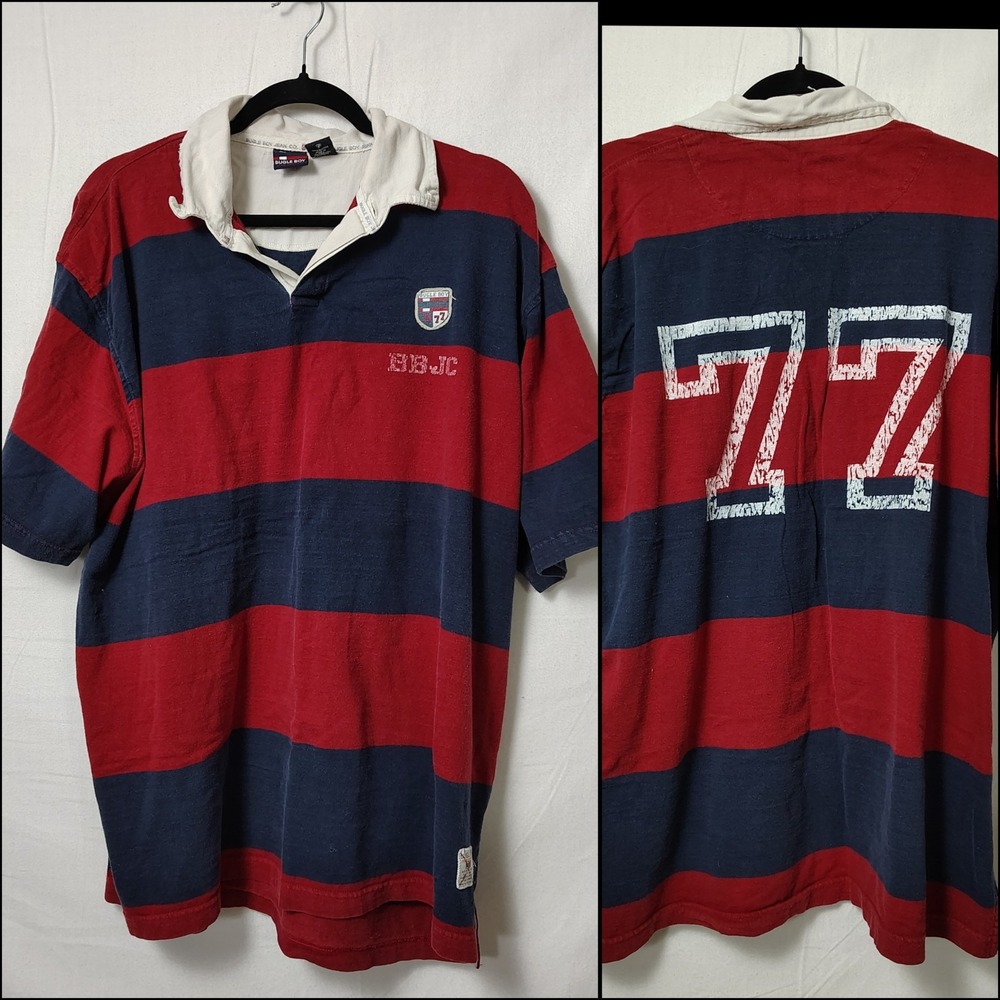 Vtg 90s Streetwear Faded Bugle Boy 77 Rugby Polo Shirt Mens Sz XL Red Stripe S/S